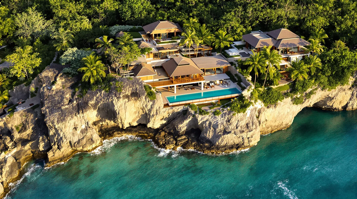 Aerial render of a cliff-top villa above the ocean