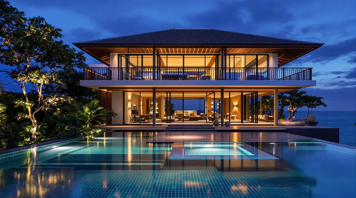 Render of a cliff villa at dusk