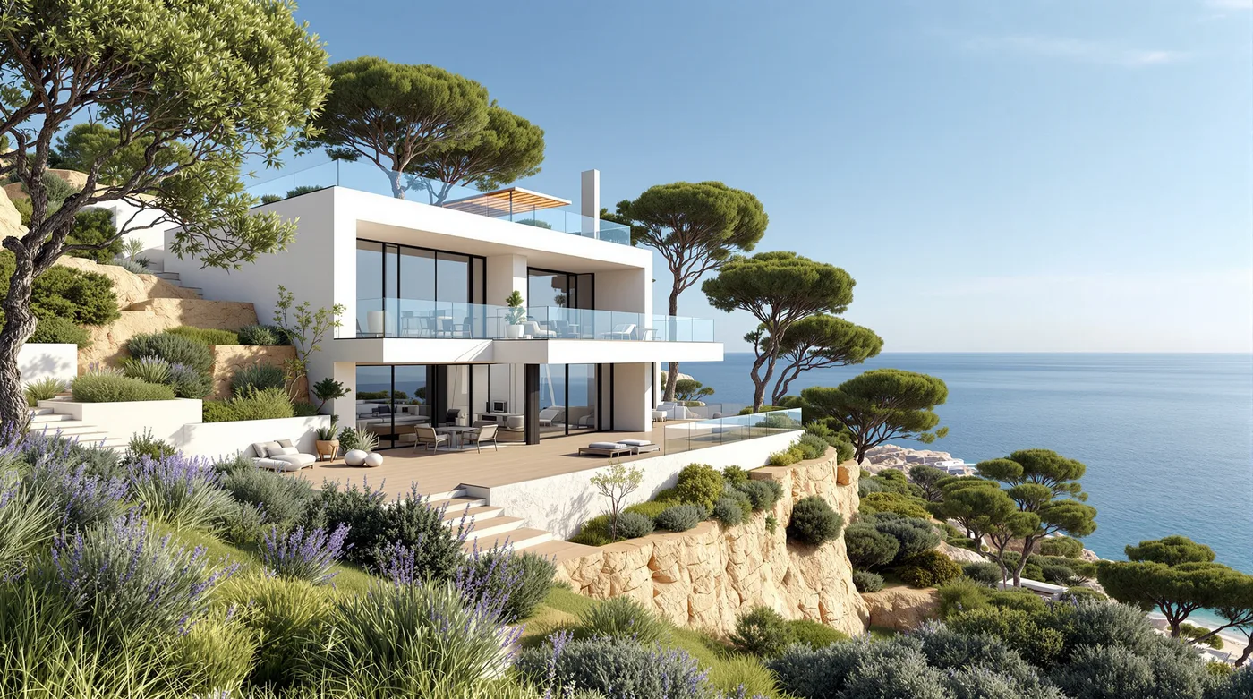 Render of a hillside house with glass walls