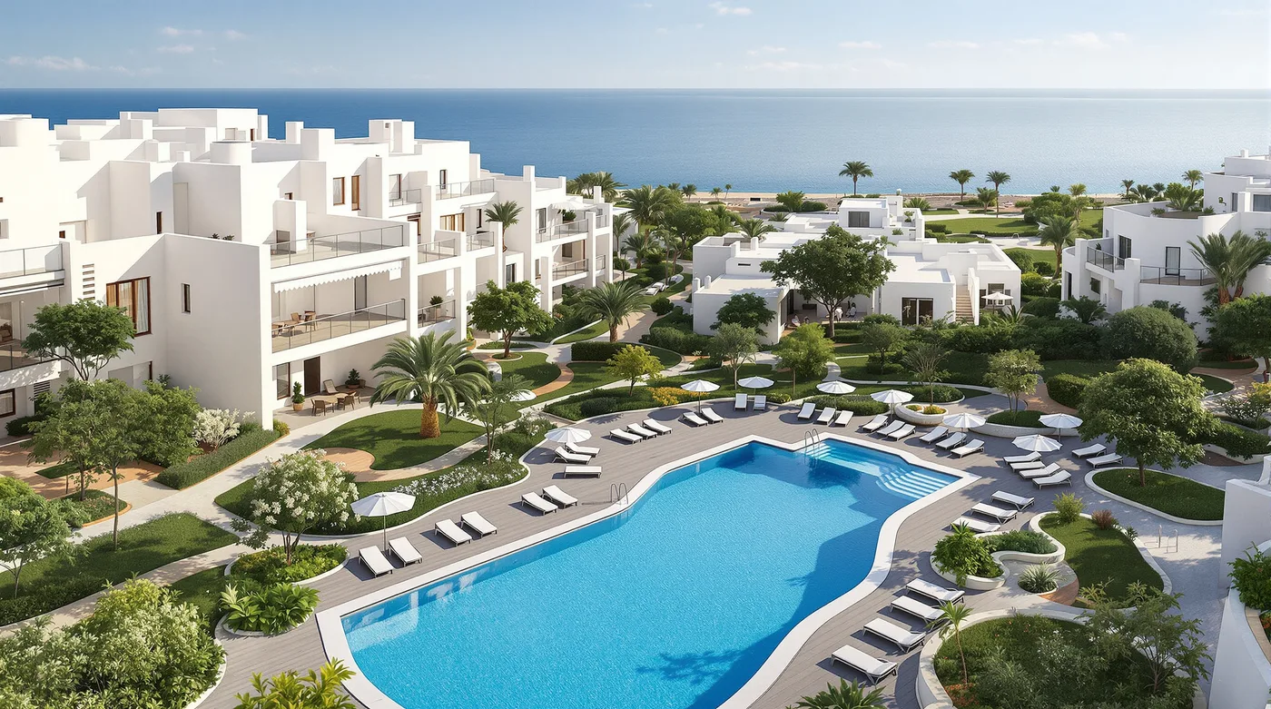 Aerial render of a Mediterranean development