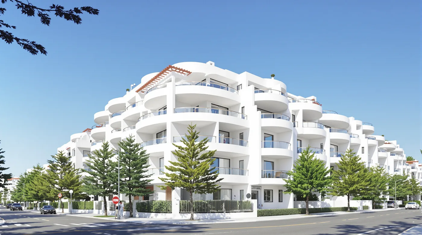 Render of a white Mediterranean villa facade