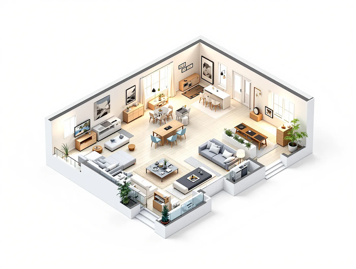 Isometric render of an apartment floor plan