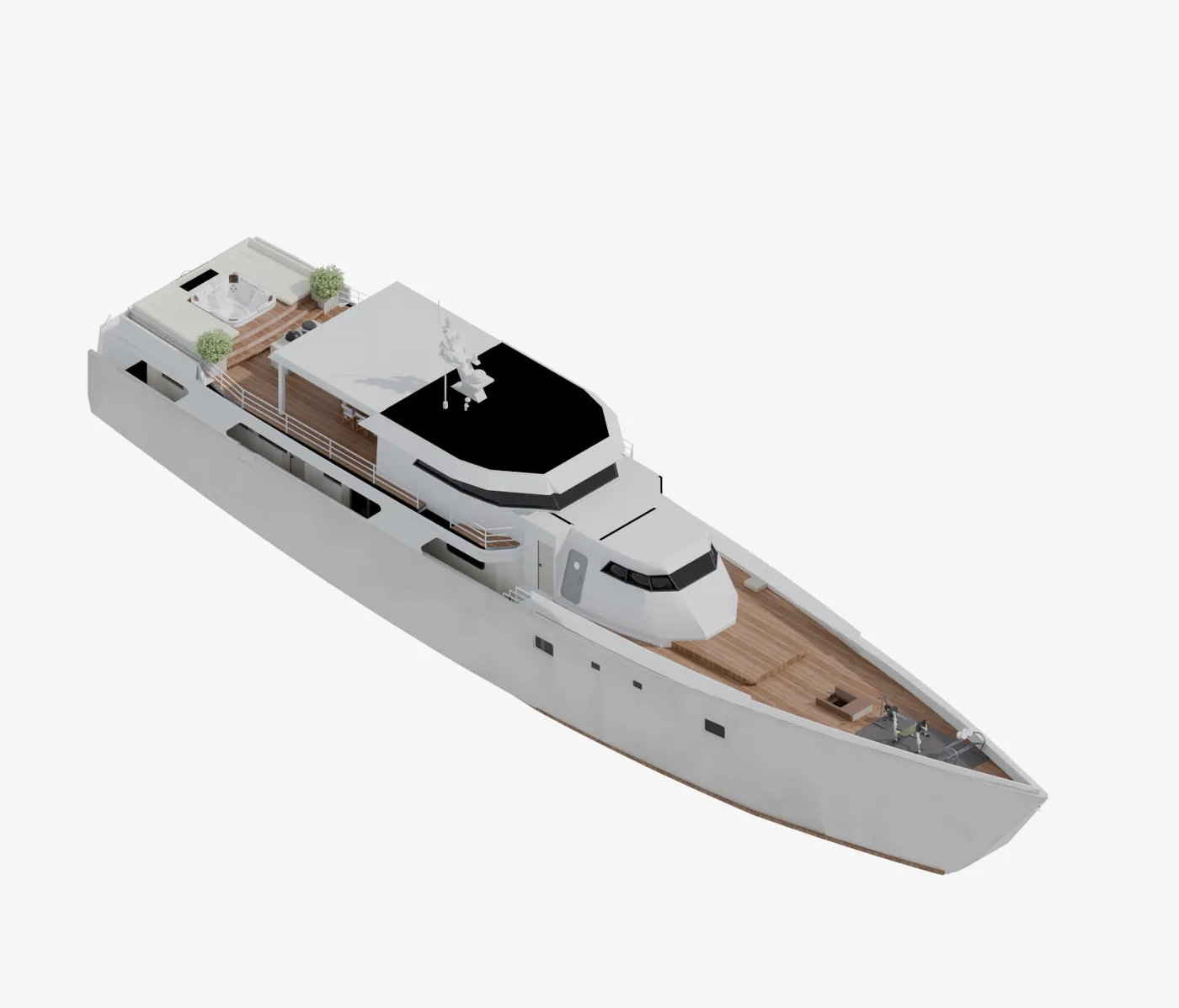 General plan render of a yacht seen from above at an angle