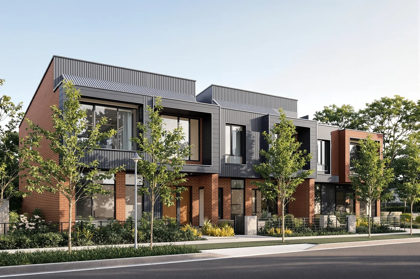 Render of a street of modern townhouses
